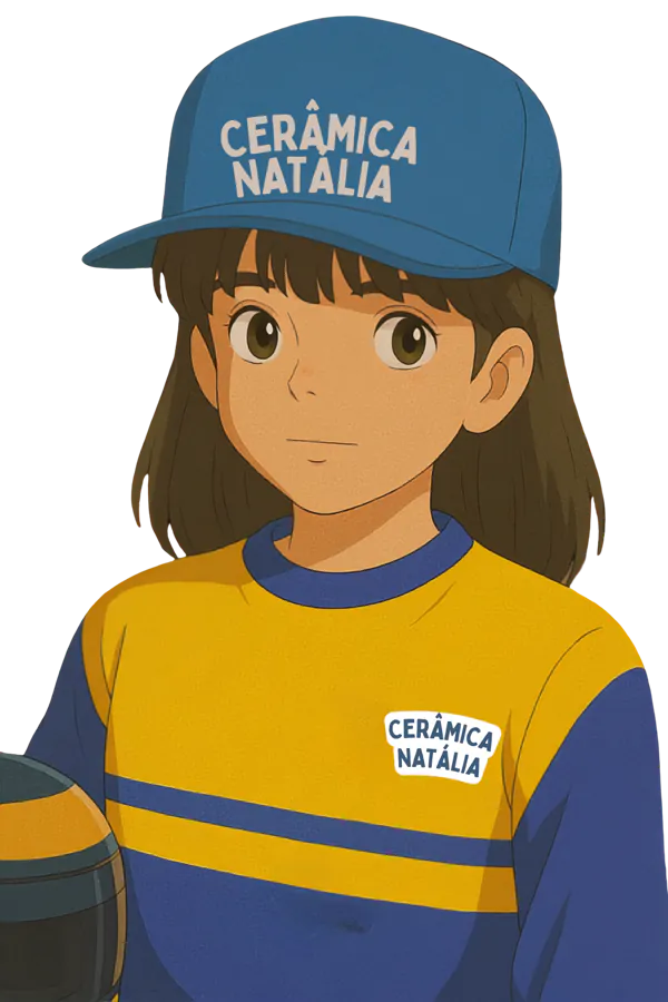 Mascote da Cerâmica Natália, de boné e camisa da marca
