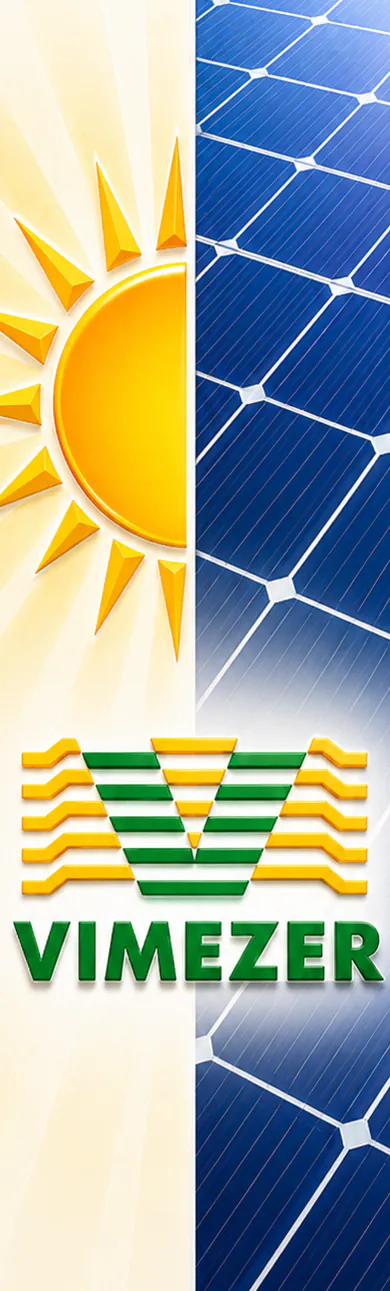 Sol e painel fotovoltaico da usina solar da Vimezer