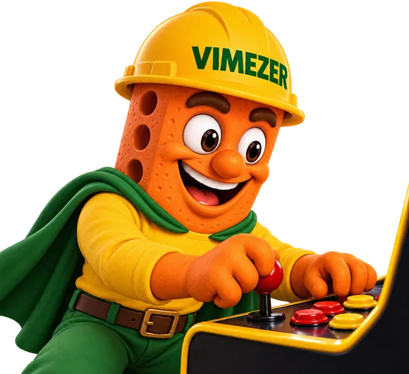 Vimezito, o mascote da Vimezer, jogando num fliperama: um tijolo de capacete amarelo, camisa amarela e capa verde